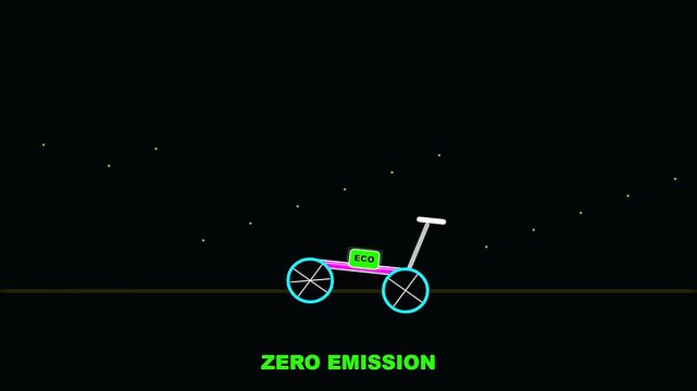 A miniature scooter moves across a black screen during golden week as an example of sustainable commuting through minimalist motion graphics and simple cycle animation design