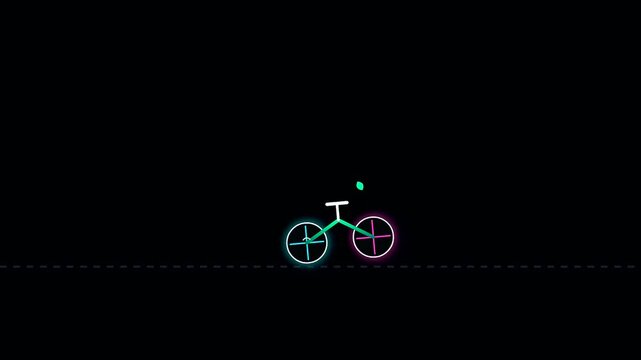 Minimalist bicycle riding across a screen during golden week as an example of sustainable commuting through neon outline motion art displayed in a modern digital format