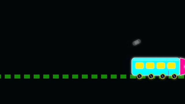 Minimalist blue train animation moves smoothly along a dotted line during golden week as an example of sustainable commuting for modern urban city public transit systems
