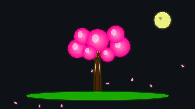 vibrant pink cherry trees bloom under the night sky during golden week while people enjoy sustainable commuting amidst the soft falling petals in a digital art style