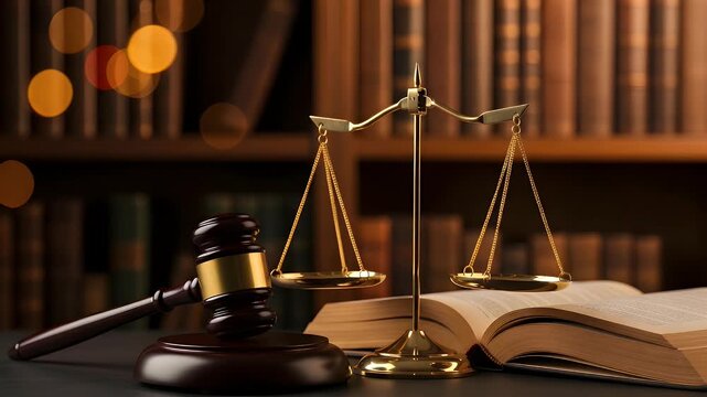 Golden scales of justice standing beside a wooden judge gavel and an open law book on a dark surface in a classic wood paneled library