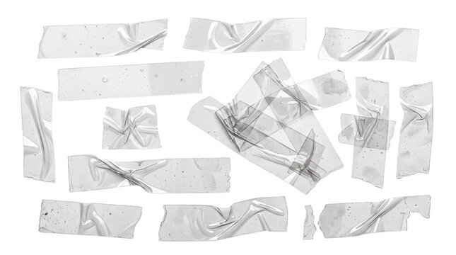Transparent adhesive tape strips set, wrinkled plastic scotch tape pieces, clear sticky masking tape collection for collage and moodboards isolated PNG with Transparent Background