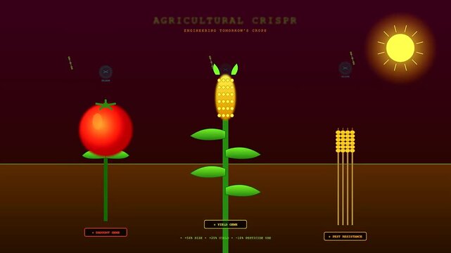 Crispr gene editing displays progressive agricultural growth showing digital transformation of plants and crops across three frames with sunlight patterns and simplified flat vector illustration style