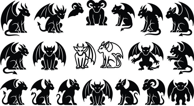 Collection of spooky black silhouette illustrations of gargoyle and devil creatures for Halloween
