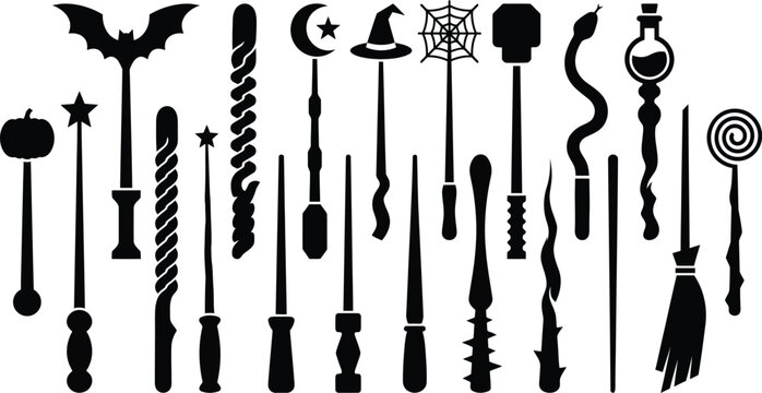 Black Halloween wand and magic stick silhouettes for spooky designs