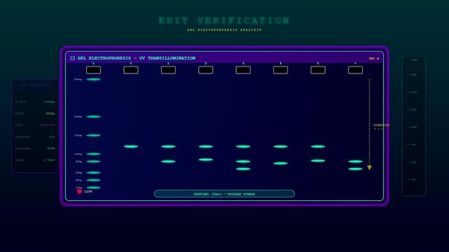 A digital representation of crispr gene editing processes appearing on a dark interface as biological markers move across the screen during a sequence of simulated laboratory tests