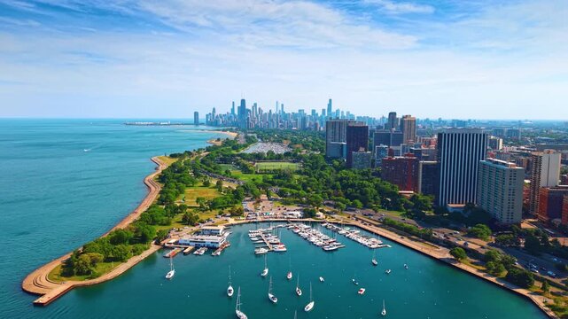 Beautiful Diversey Harbor located in the heart of Lincoln Park in Chicago, Illinois. Lake Michigan waterfront on sunny day from aerial view.