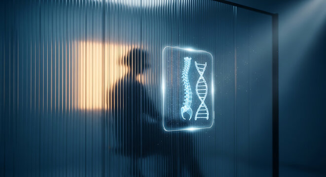 Medical privacy and hipaa compliance concept featuring a silhouette professional analyzing digital spine and dna data on a glowing screen