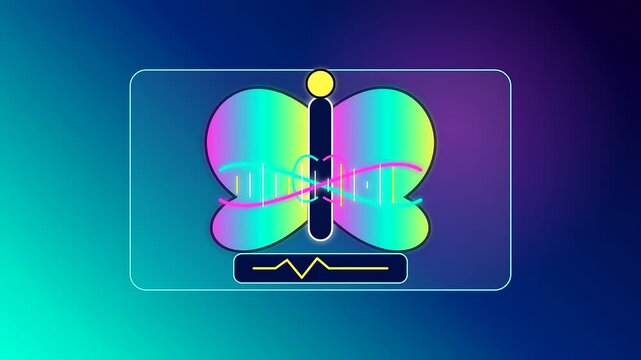 A vibrant butterfly silhouette showcasing crispr gene editing processes with colorful dna double helix patterns inside a glowing frame over a smooth gradient blue background screen
