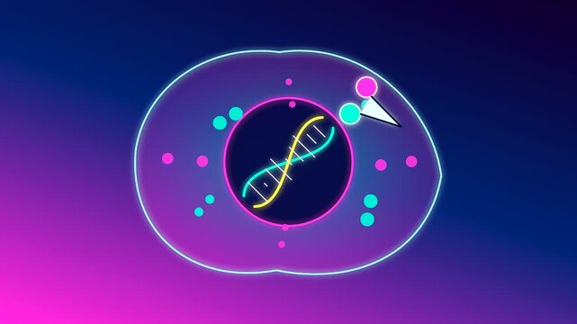 Crispr gene editing is depicted through a series of animated digital sequences showing dna strands rotating within a glowing cellular boundary against a vibrant colorful gradient