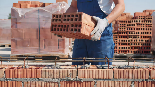 Construction worker wearing blue overalls and gloves holding a stack of red hollow bricks at a building site with pallets of bricks behind