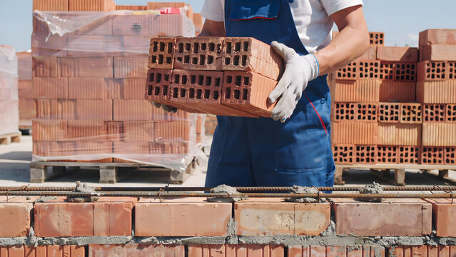 Construction worker wearing blue overalls and gloves holding a stack of red hollow bricks at a building site with pallets of bricks behind