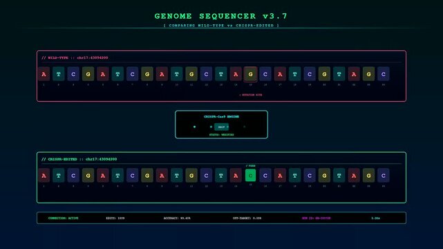 A sequence of crispr gene editing processes displayed on a dark glowing interface monitor showcasing dna base pair modifications in real time laboratory software simulations
