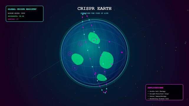 A digital representation of crispr gene editing processes appearing as a rotating planetary holographic map with glowing nodes orbiting a central dark sphere in space
