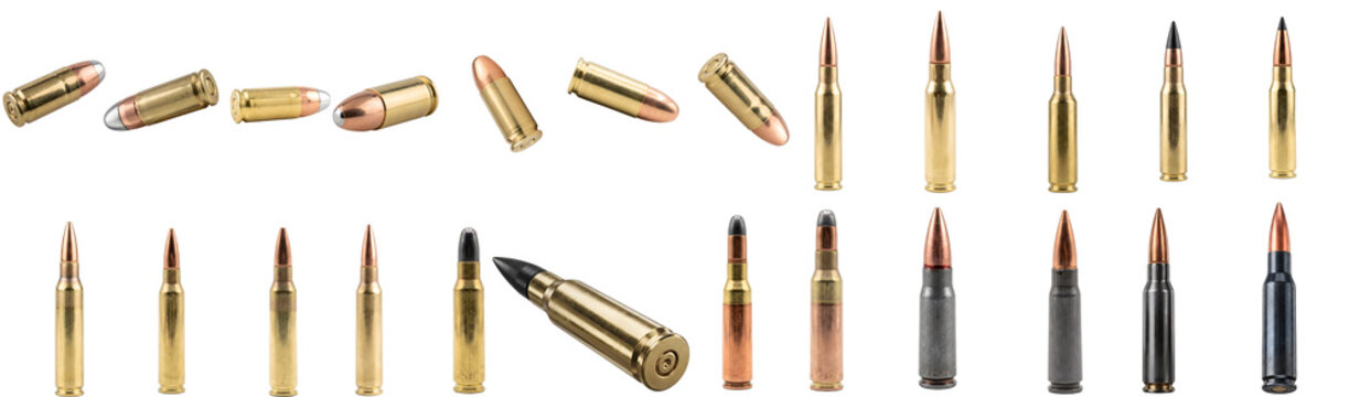 Set of various gun bullets and rifle ammunition cartridges isolated on white background