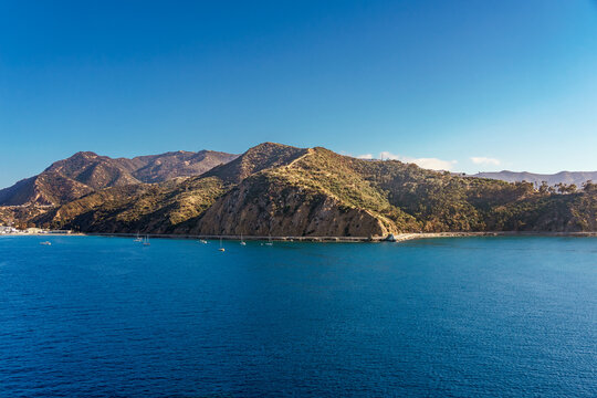 Landscape and ocean view of Catalina Island part of the Channel Islands in California with a clear blue sky