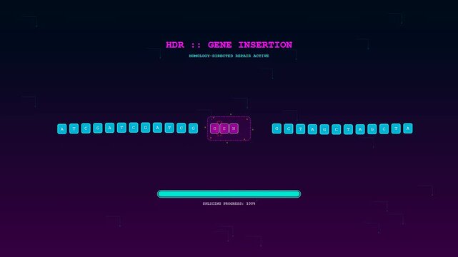 A digital visual representation of crispr gene editing processes where genetic sequences are successfully modified and joined together on a dark screen within a modern laboratory