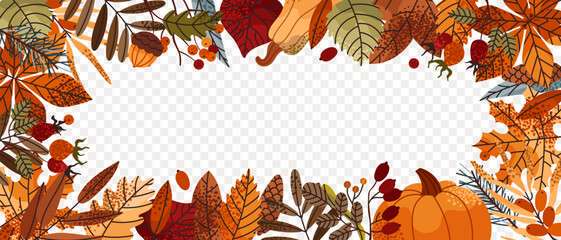 Fallen autumn leaves. Frame, border. Hello fall. Herbarium. Forest. Leaves of various shapes and sizes. Maple, oak, birch, chestnut, rowan, willow, rose hips, sea buckthorn. Vector illustration. © FRIEVA