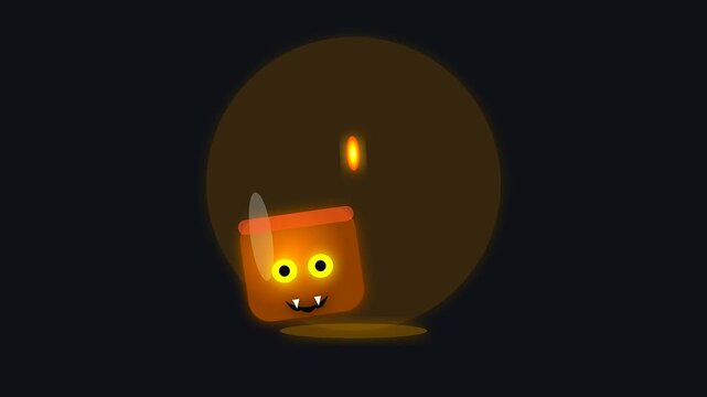 a whimsical glowing ghost creature moves inside a warm circular aura as part of festive halloween upcycled decor animation against a simple dark night void