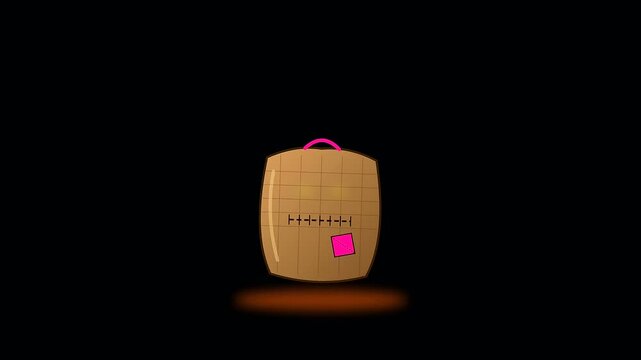 A floating square wooden block creature with glowing eyes and a pink patch displays halloween upcycled decor aesthetics while hovering against a deep dark void