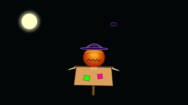 a whimsical pumpkin scarecrow displays upcycled decor in a dark night scene where an animated alien ship glides past a bright full moon above