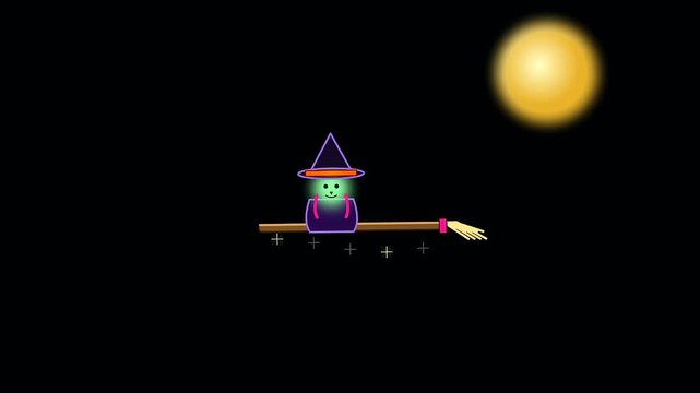 A whimsical witch character flying on a broomstick across a dark night sky for festive halloween upcycled decor animation featuring bright glowing moon light