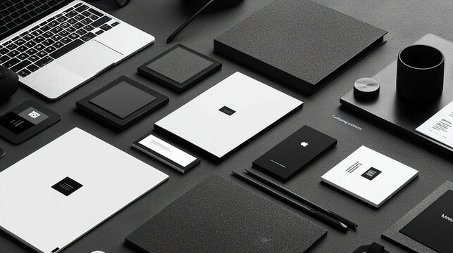 Monochrome branding mockup with stationery, laptop, and accessories on dark surface.