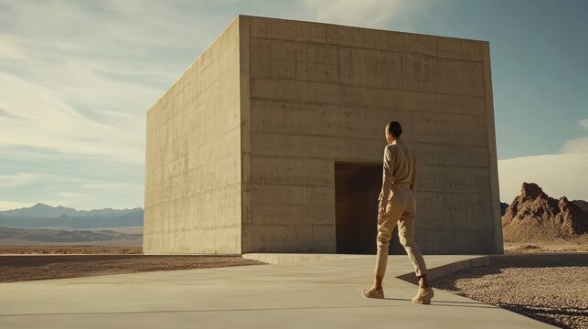 Woman walking towards large concrete cube in desert.