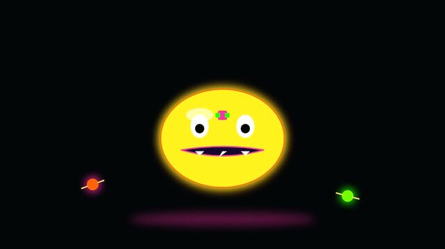 Three yellow cartoon monster faces with glowing eyes and mouths moving in a digital animation sequence featuring spooky halloween upcycled decor motifs on black canvas