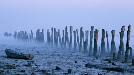 Fototapeta premium Weathered fish weir stakes in foggy tidal estuary at low tide