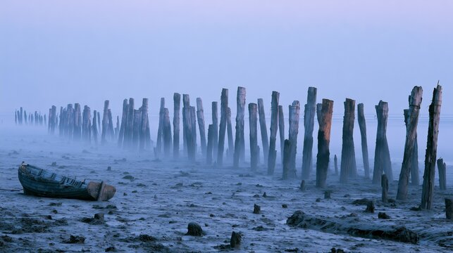 Weathered fish weir stakes in foggy tidal estuary at low tide