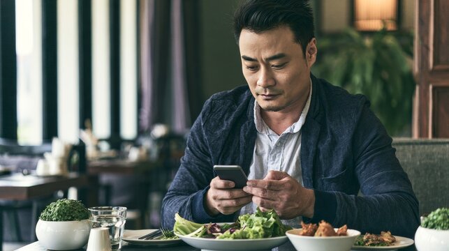 Technology addict using smartphone during meal time, person distracted by mobile device while eating food, showing digital dependence, screen addiction and modern lifestyle habits