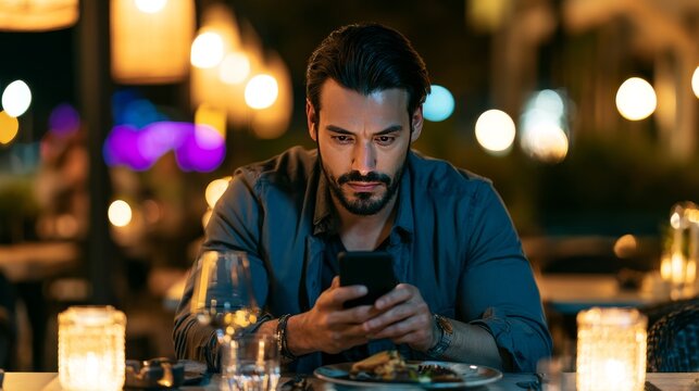 Technology addict using smartphone during meal time, person distracted by mobile device while eating food, showing digital dependence, screen addiction and modern lifestyle habits