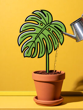 A real terracotta pot, A two-dimensional cartoon illustration of a Monstera leaf