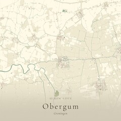Fototapeta premium Vintage Canvas Map of Obergum, Netherlands | Scandinavian Wall Art | Historic Topographic