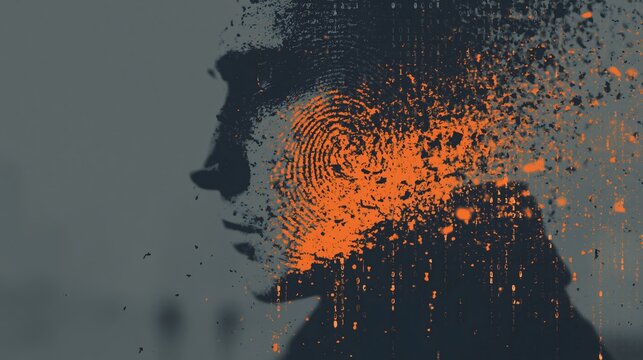Profile silhouette dissolving into an orange fingerprint pattern and binary code representing digital identity and data security