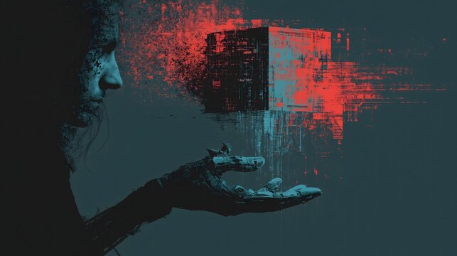 Profile silhouette with robotic hand holding glowing object against red and teal glitch digital cube background
