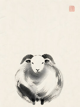Traditional Japanese ink painting of sheep for new year card
