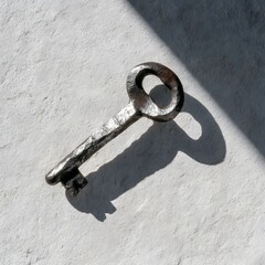 Obraz premium Hand-forged iron key with dramatic shadow on pale background