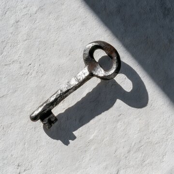 Hand-forged iron key with dramatic shadow on pale background