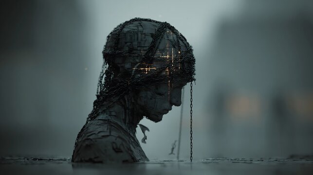 Weathered stone bust wrapped in chains partially submerged in water with glowing digital lines through its head
