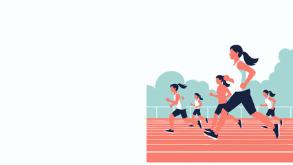 Obraz premium Group of young female athletes running a race on a track, representing competition, sport, and healthy lifestyle.