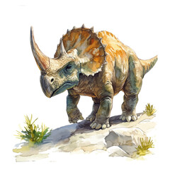 Triceratops Roaming A Rocky Plateau, vector watercolor, painting isolated on a white background. © Vendrix