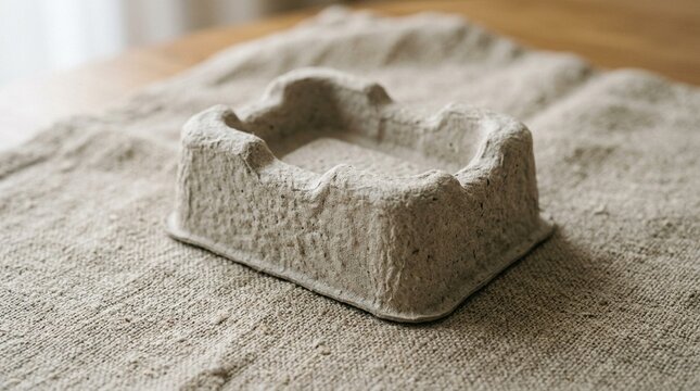 Undyed Pulp Packaging Block with Rounded Corners Resting on Raw Linen Fabric &ndash; Close-Up Detail | Sustainable Packaging Stock Photo