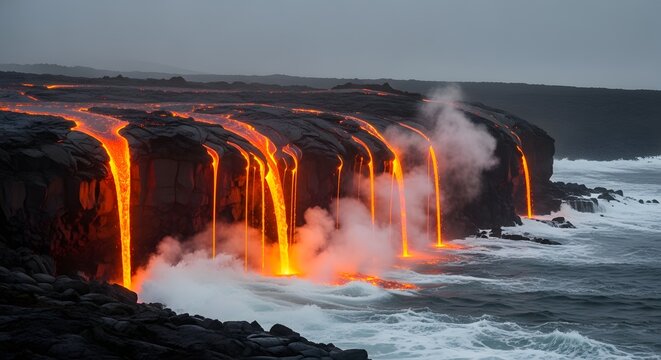 Lava waterfall flowing into ocean coast