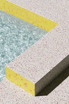 a bright and crisp poolside scene depicting symmetrical architectural design in a aquatic application