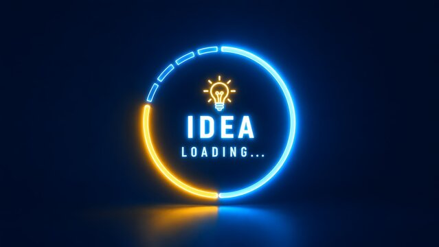 Glowing neon circular progress bar with lightbulb icon on dark background. Concept of creative brainstorming, startup development, and innovation.