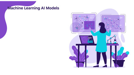 Fototapeta premium Female scientist working with machine learning AI models, analyzing complex data networks for artificial intelligence development and technological innovation.