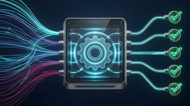 Futuristic processor hub connecting glowing cables to green checkmark nodes. Concept of software validation, cybersecurity, and data verification.