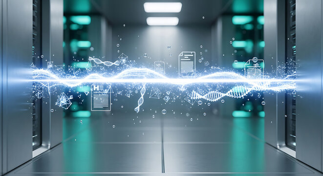 HIPAA compliant medical data security system protecting healthcare information in a futuristic server room with digital DNA visualization